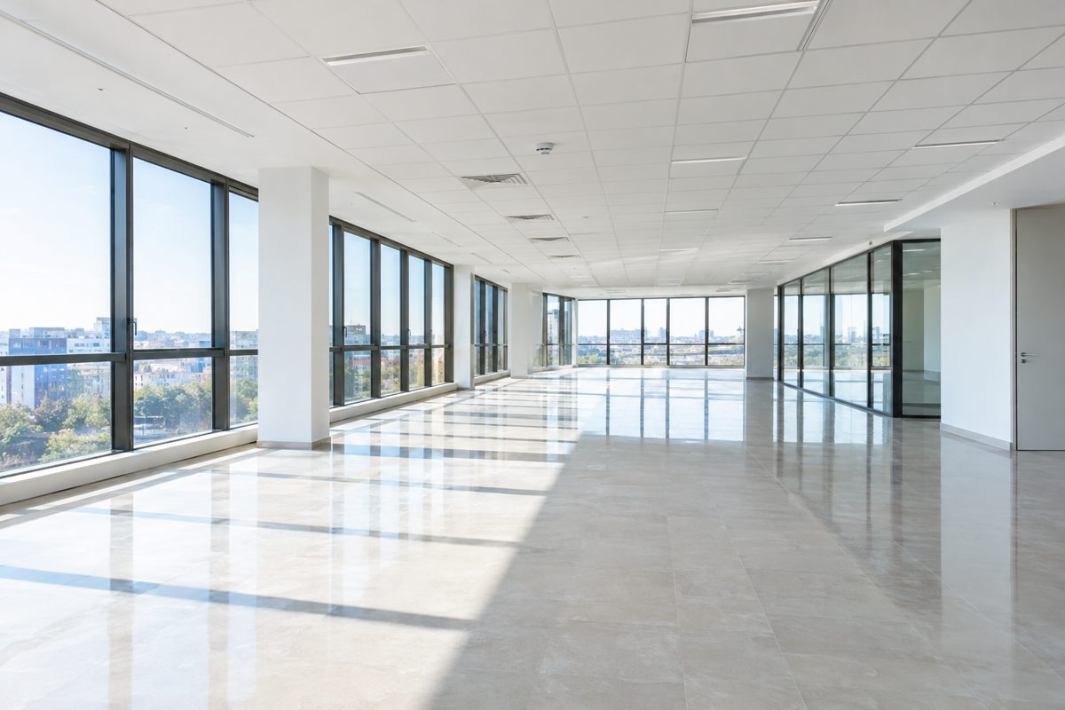 Plateau de bureaux vide et impeccable après travaux